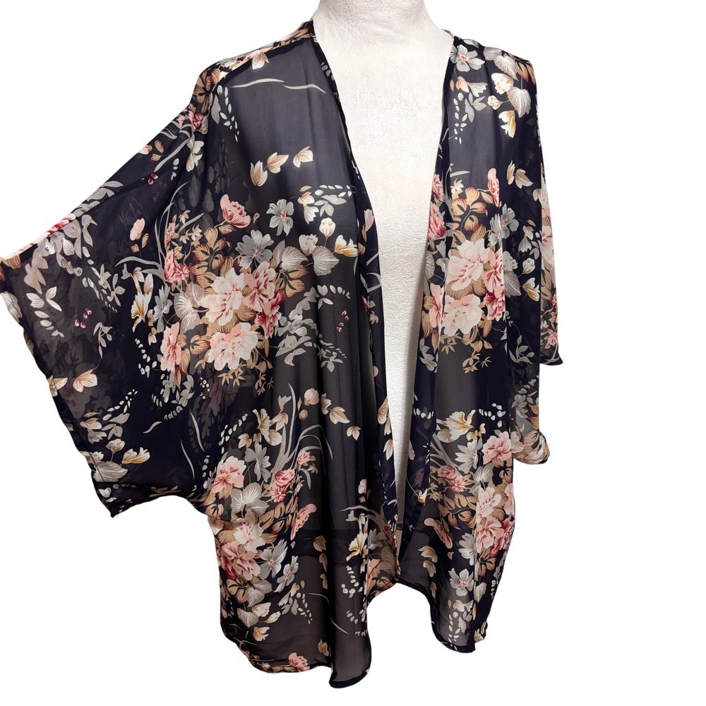 Chiffon Kimono Cardigan Women S Navy Floral Sheer Boho Coverup Layering Festival